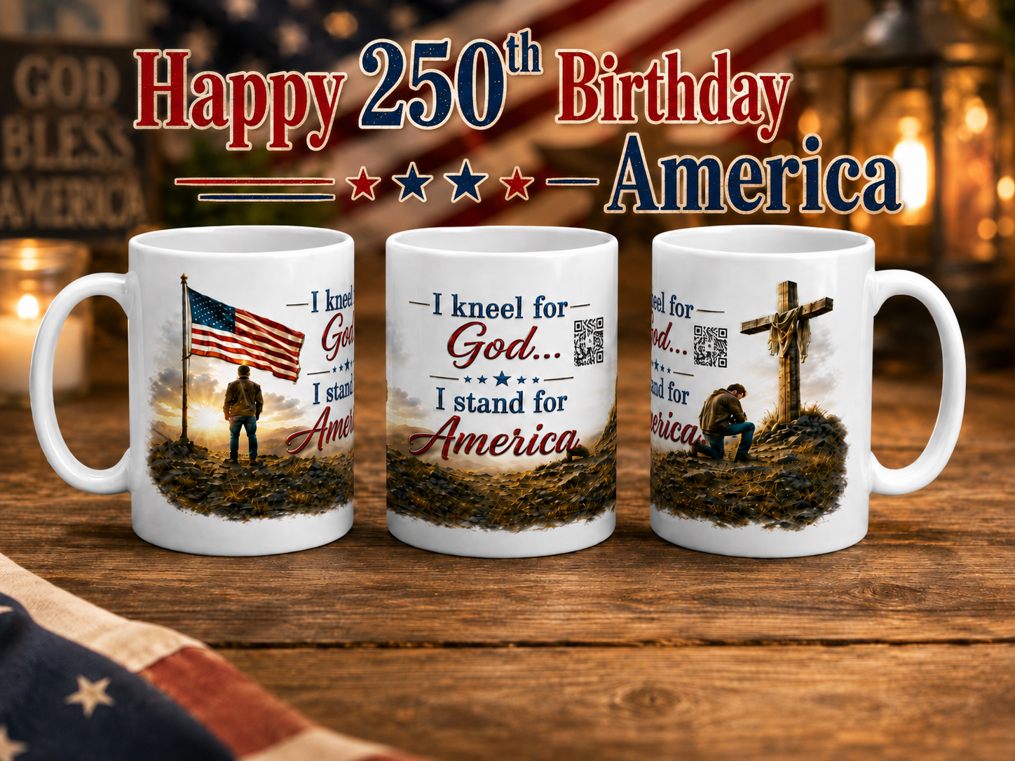 Happy 250th Birthday America! Kneel for God, Stand for America mug collection